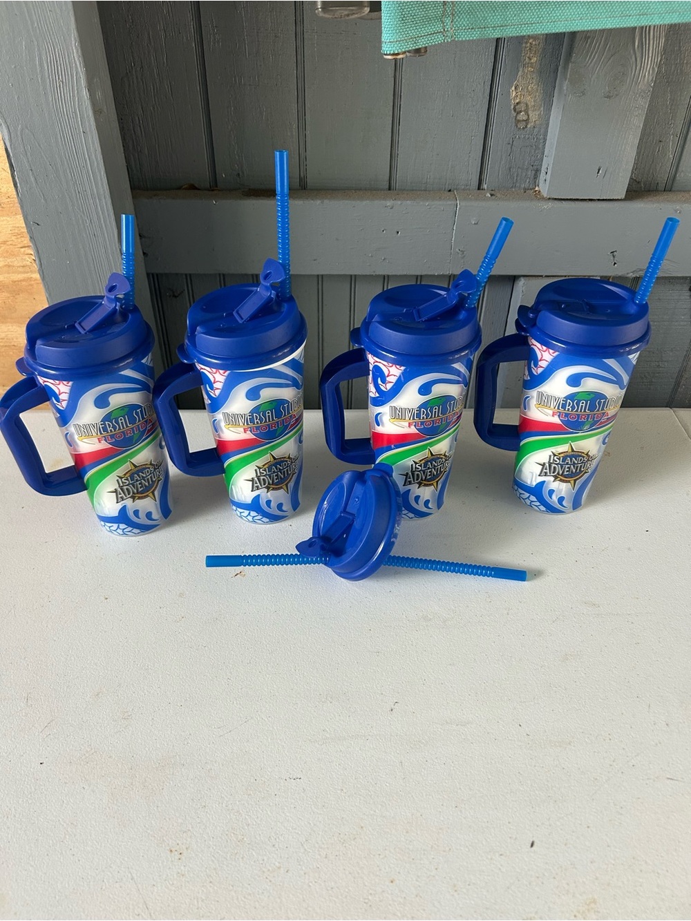 Universal Blue Wave Travel Tumblers with Handles and Straws - Set of 4
